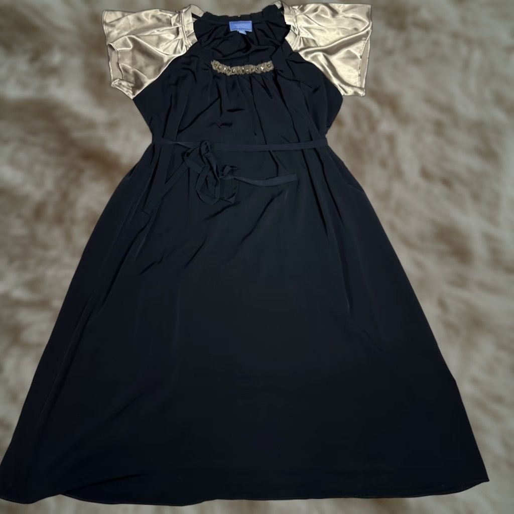 Vera Wang Vera Wang Navy Blue Gold Dress Fit & Flare Midi Short Sleeve Belted Rhinestone Lace Trim 8 Womens Dress Size M / US 6-8 / IT 42-44 - 1 Thumbnail