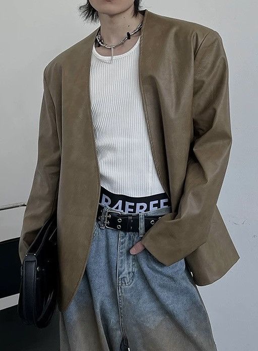 Japanese Brand × Vintage Retro cracked pu leather no collar collarless blazer jacket Size US L / EU 52-54 / 3 - 1 Thumbnail