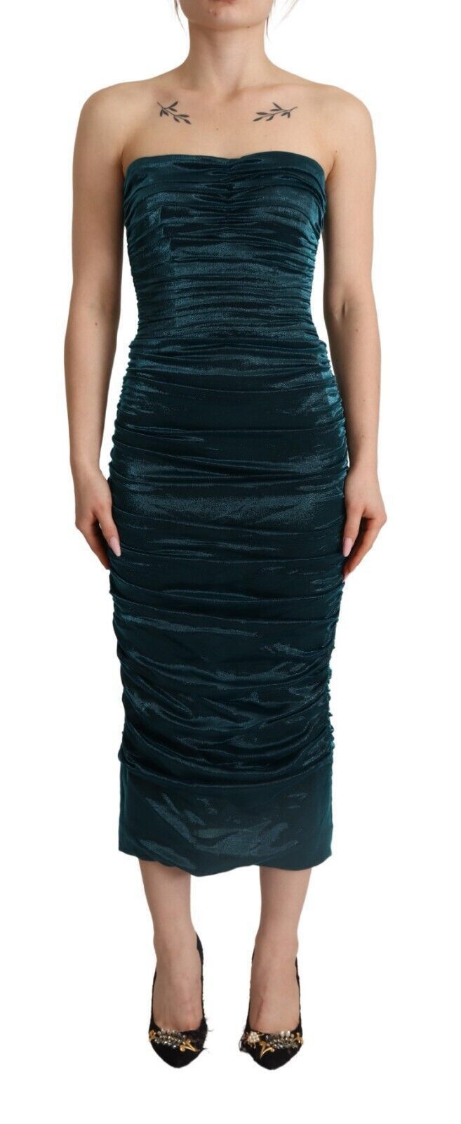 Dolce & Gabbana Turquoise Draped Satin Midi Women's Dress Size XS / US 0-2 / IT 36-38 - 1 Thumbnail