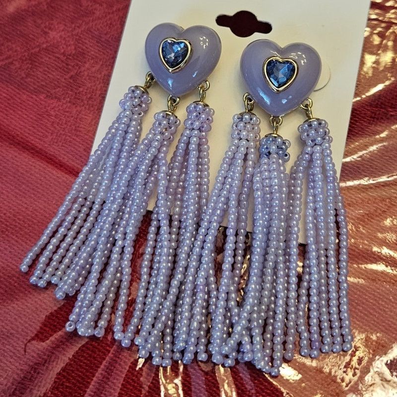 Other ON 34th Crystal Heart Earrings w/ Purple Beaded Fringe Size ONE SIZE - 4 Thumbnail