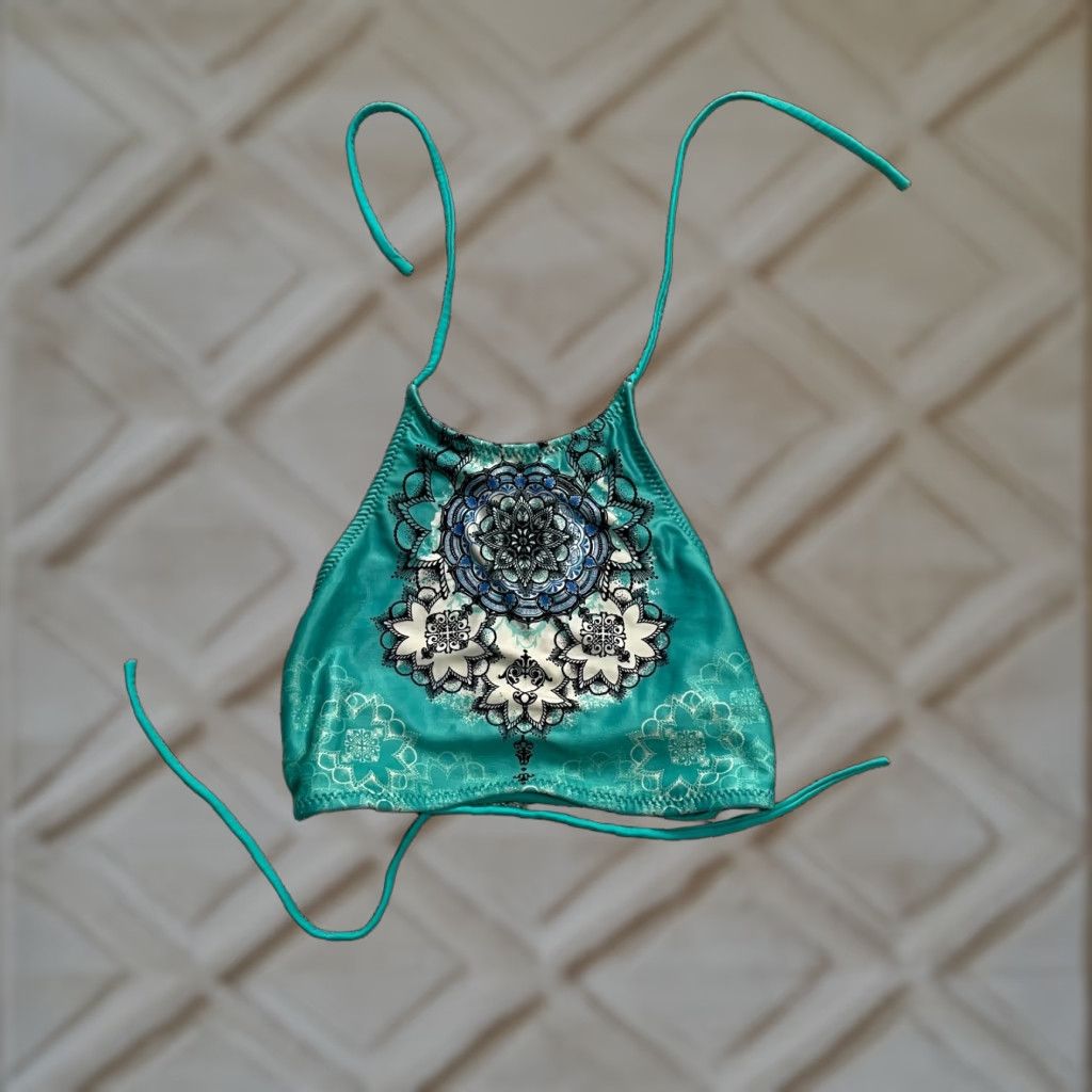 Aeropostale AEROPOSTALE Bikini Top Women's Small Green Mandala Halter Backless Beach Swimwear Top Party 90s? Size S / US 4 / IT 40 - 1 Thumbnail