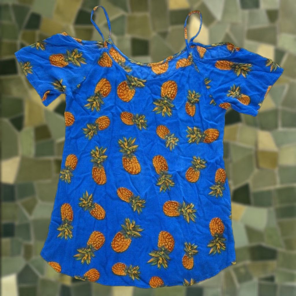 Vintage VINTAGE India Boutique Rayon Blue Green Brown Pineapple Off Shoulder Tunic Dress M-L Size M / US 6-8 / IT 42-44 - 1 Thumbnail