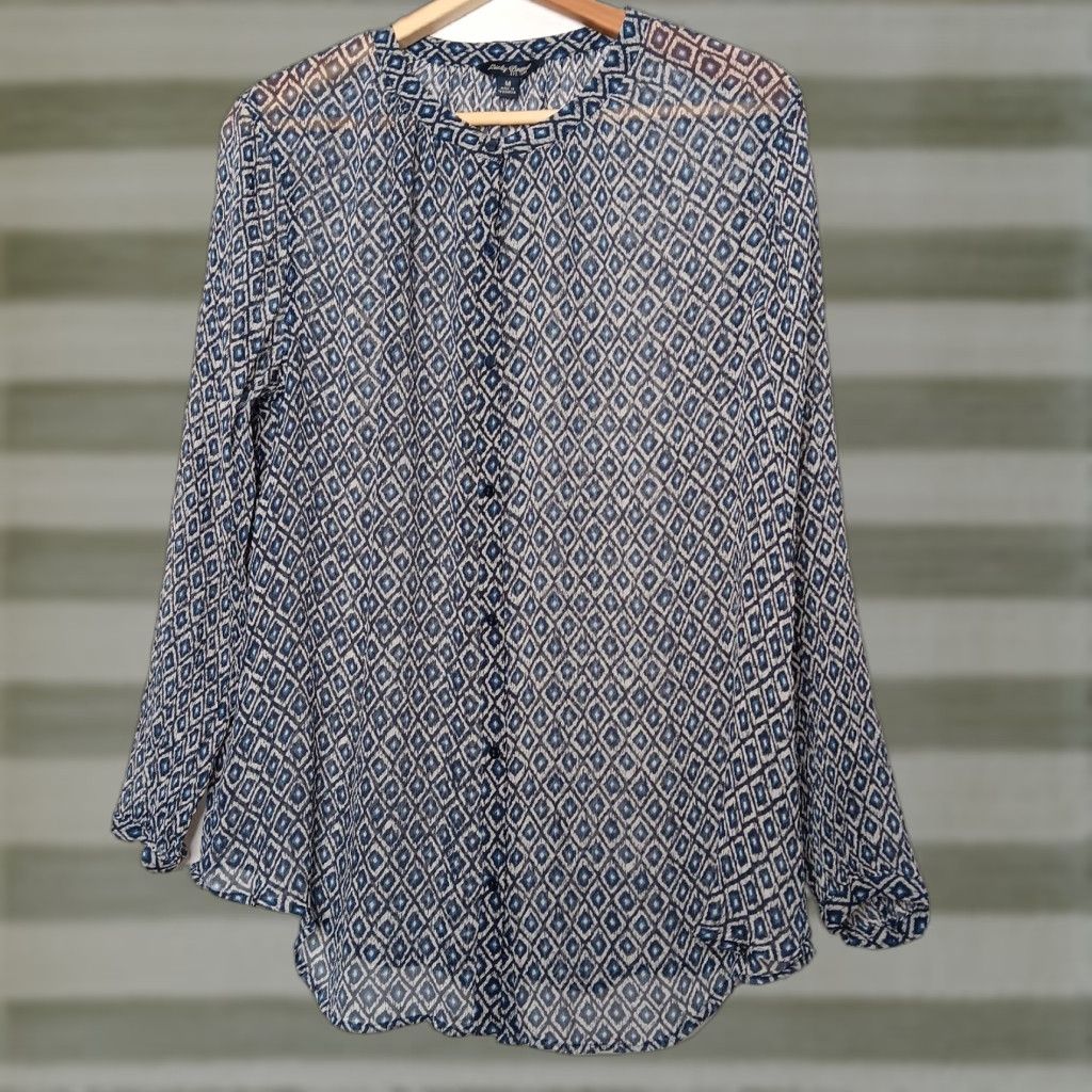 Lucky Brand Lucky Brand Blouse Shirt Women Medium Long Sleeve Sheer Blue Geometric Diamond Button Up Shirt Size M / US 6-8 / IT 42-44 - 1 Thumbnail