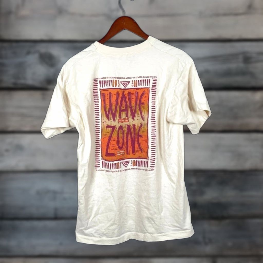 Fruit Of The Loom Vintage 90s Wave Zone T-Shirt Adult Medium Ivory Double-Sided Surf Beach Retro Cotton Men's Size US M / EU 48-50 / 2 - 1 Thumbnail