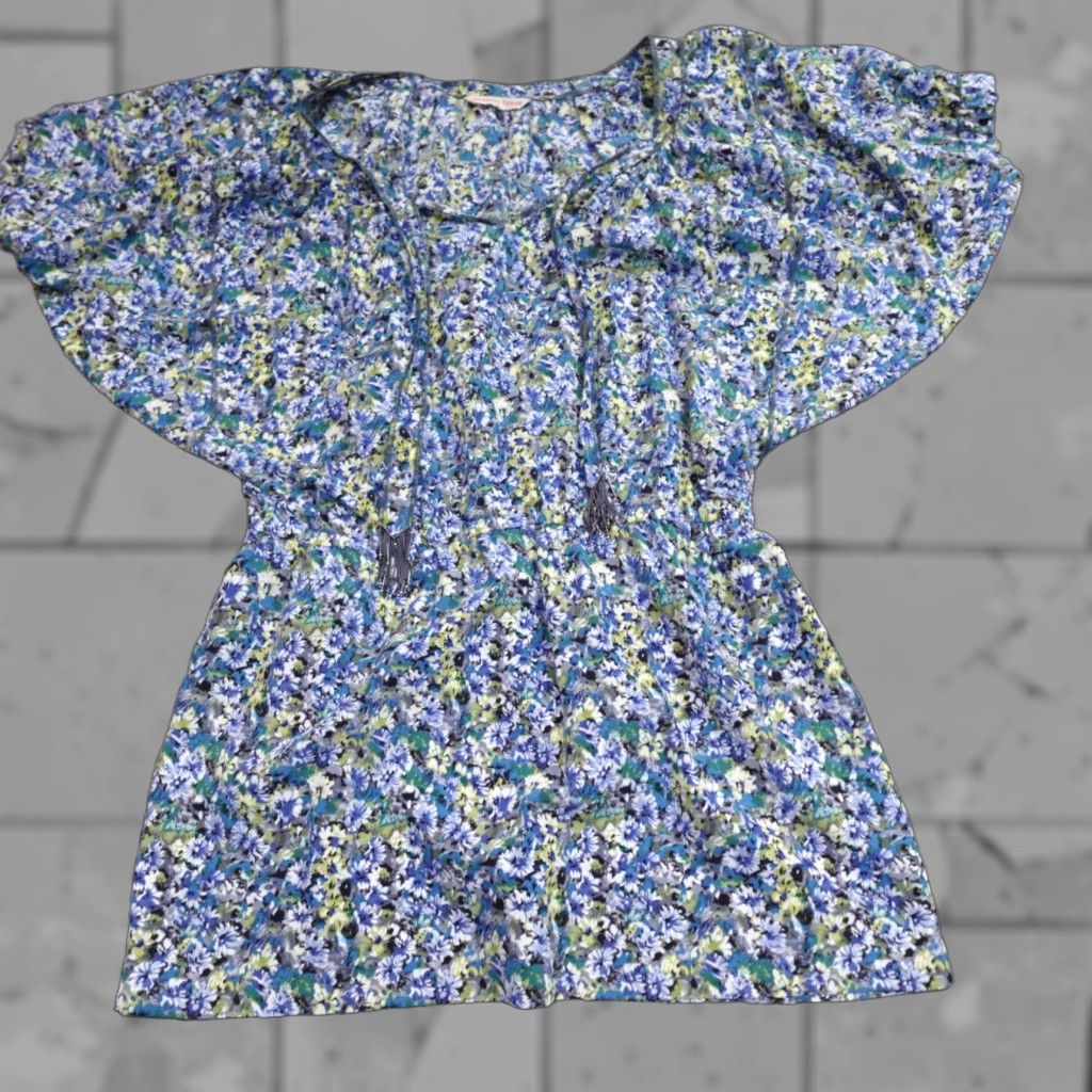 Rebecca Taylor Rebecca Taylor Dress 10 Blue Floral Batwing Sleeves V-Neck Tie Cinched Silk Long 3/4 Sleeve Pockets Womens Size L / US 10 / IT 46 - 1 Thumbnail