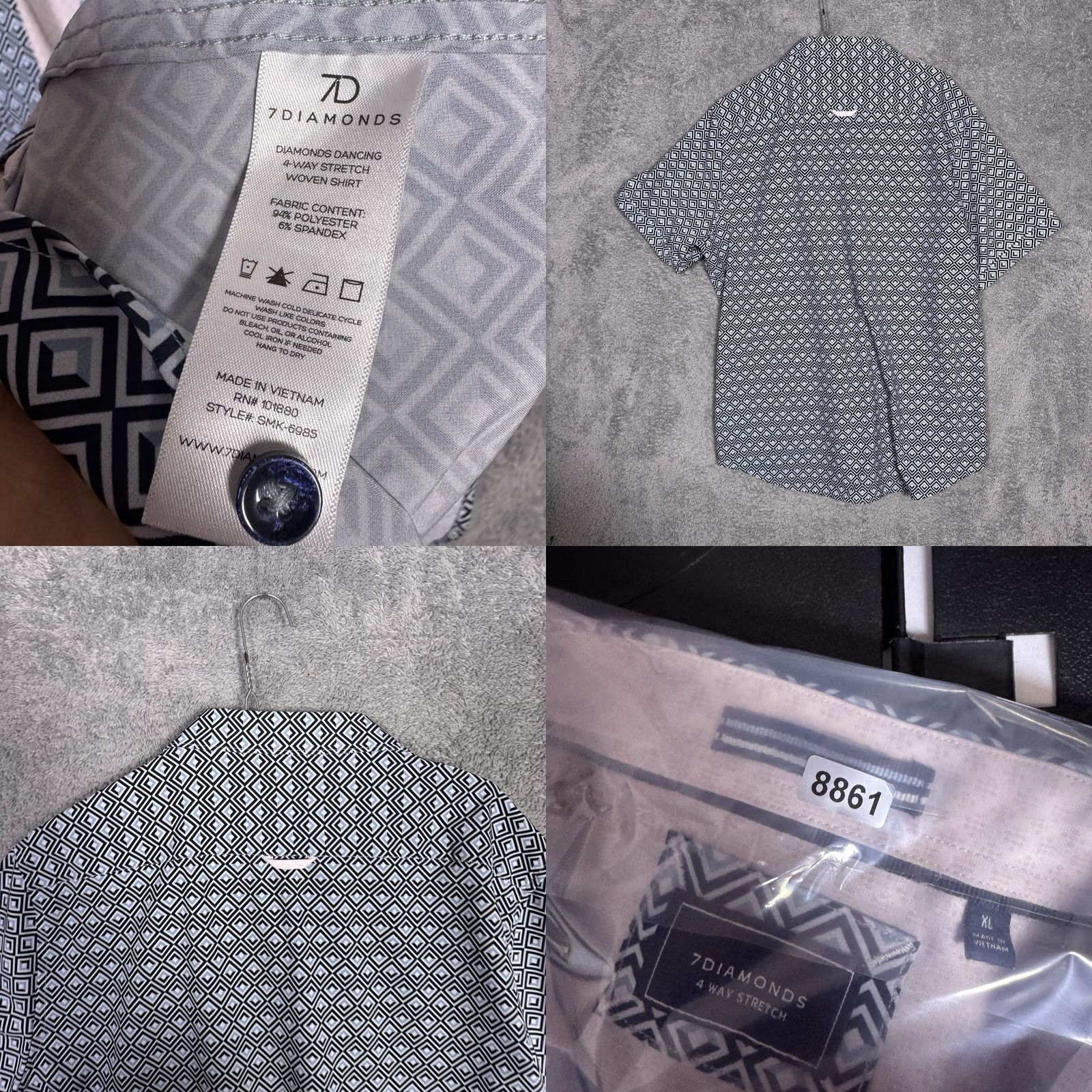 Vintage 7 Diamonds Shirt Mens XL Blue Geometric All Over Print Stretch Performance Button-Up Size US XL / EU 56 / 4 - 8 Thumbnail