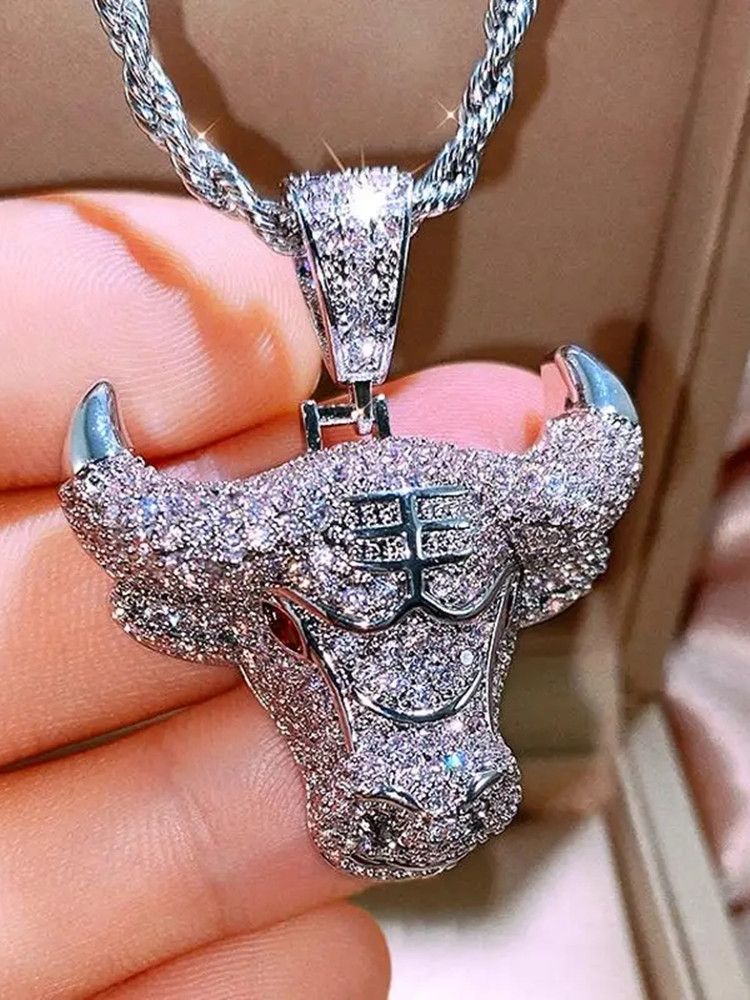 Jewelry Bling Iced Out Zircon Bull Head Animal Pendant Necklace Size ONE SIZE - 1 Thumbnail