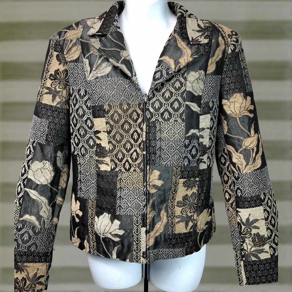 Vintage Dressbarn Jacket L Gray/Taupe Zip Up Collar boho Patchwork Tapestry 2000s Y2K Women Size L / US 10 / IT 46 - 1 Thumbnail