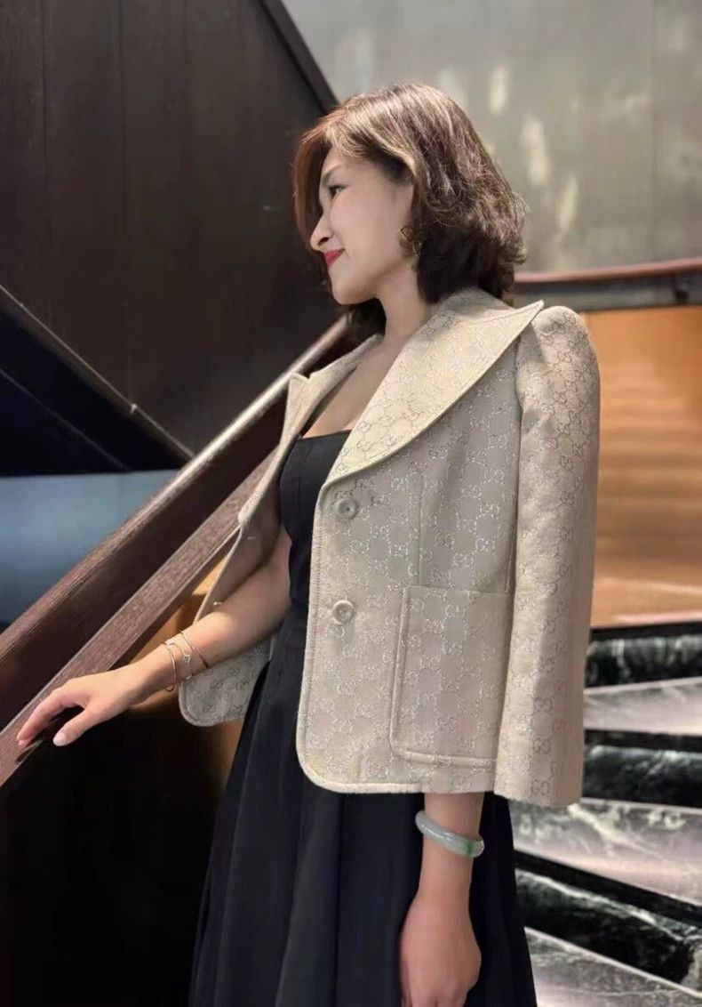 Gucci Gucci Beige double G silver silk full-printed wool lapel su Size 40R - 8 Thumbnail
