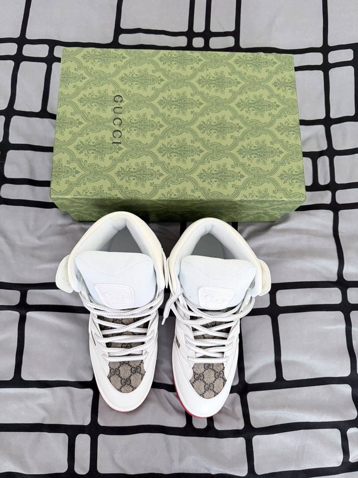 Gucci Basket High Top Sneakers White Red Sole GG Monogram