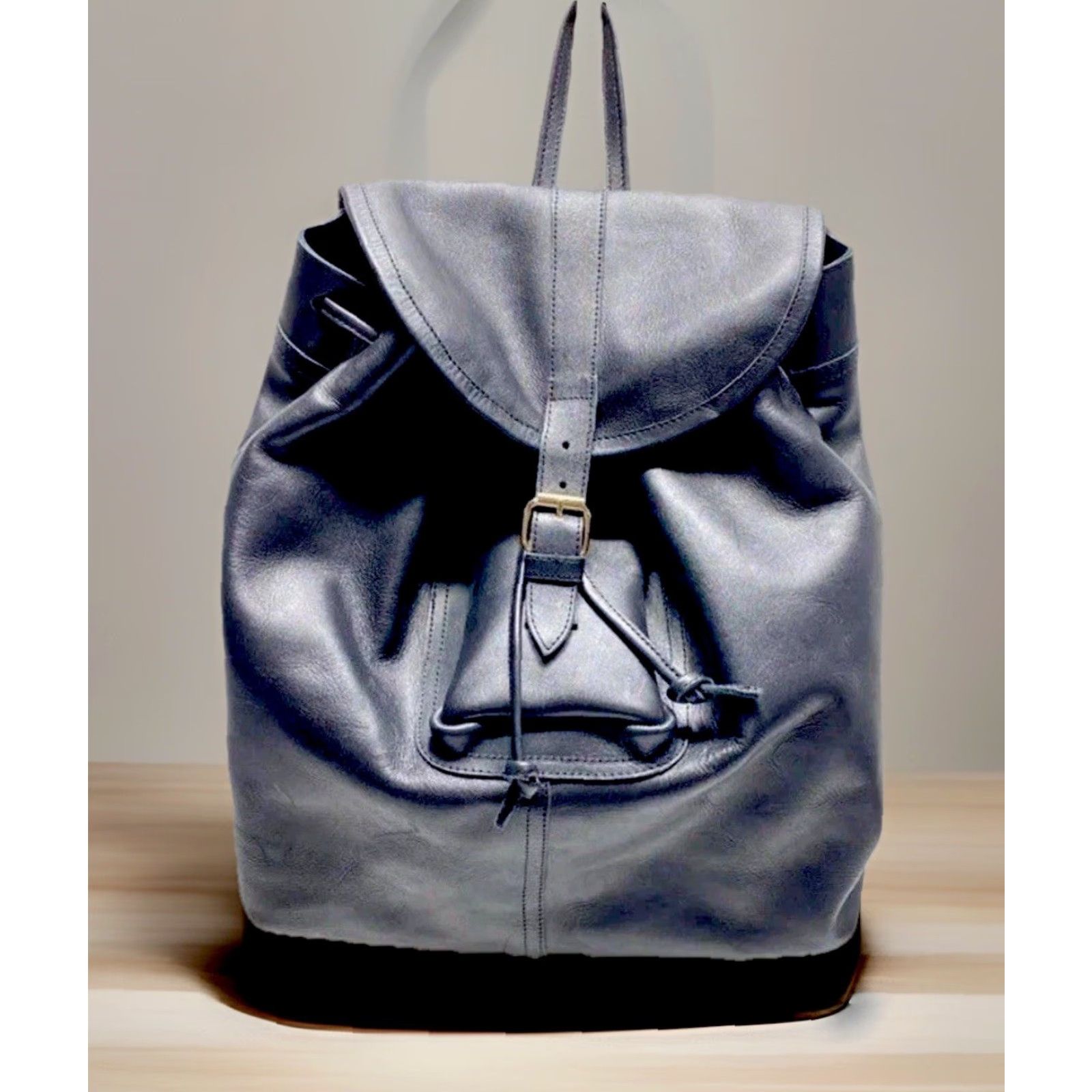 Vintage ENAT Unisex Genuine Black Leather Drawstring Backpack BookBag Made In Ethiopia Size ONE SIZE - 2 Thumbnail