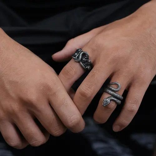 Jewelry Intricate Snake and Rose Silver Ring Size ONE SIZE - 3 Thumbnail