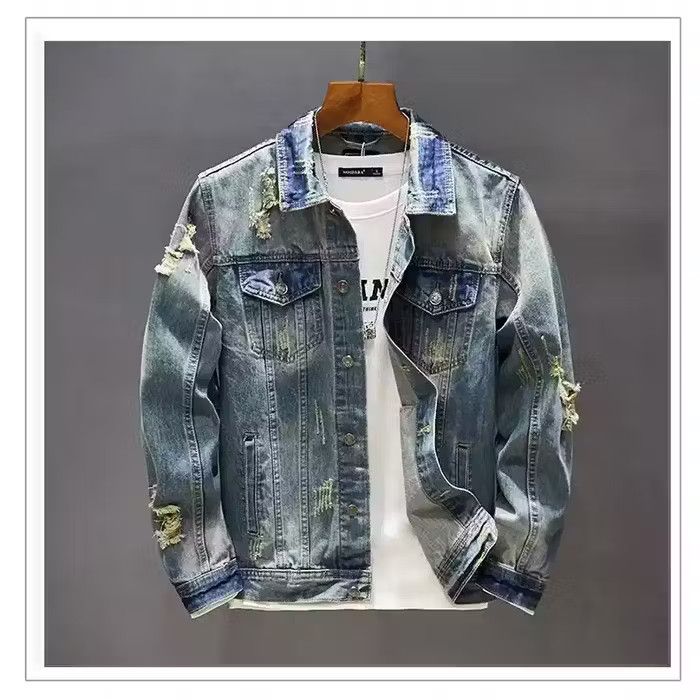 image of Vintage Streetwear Washed Classic Pocket Ripped Denim Jacket in Blue, Men's (Size XL)