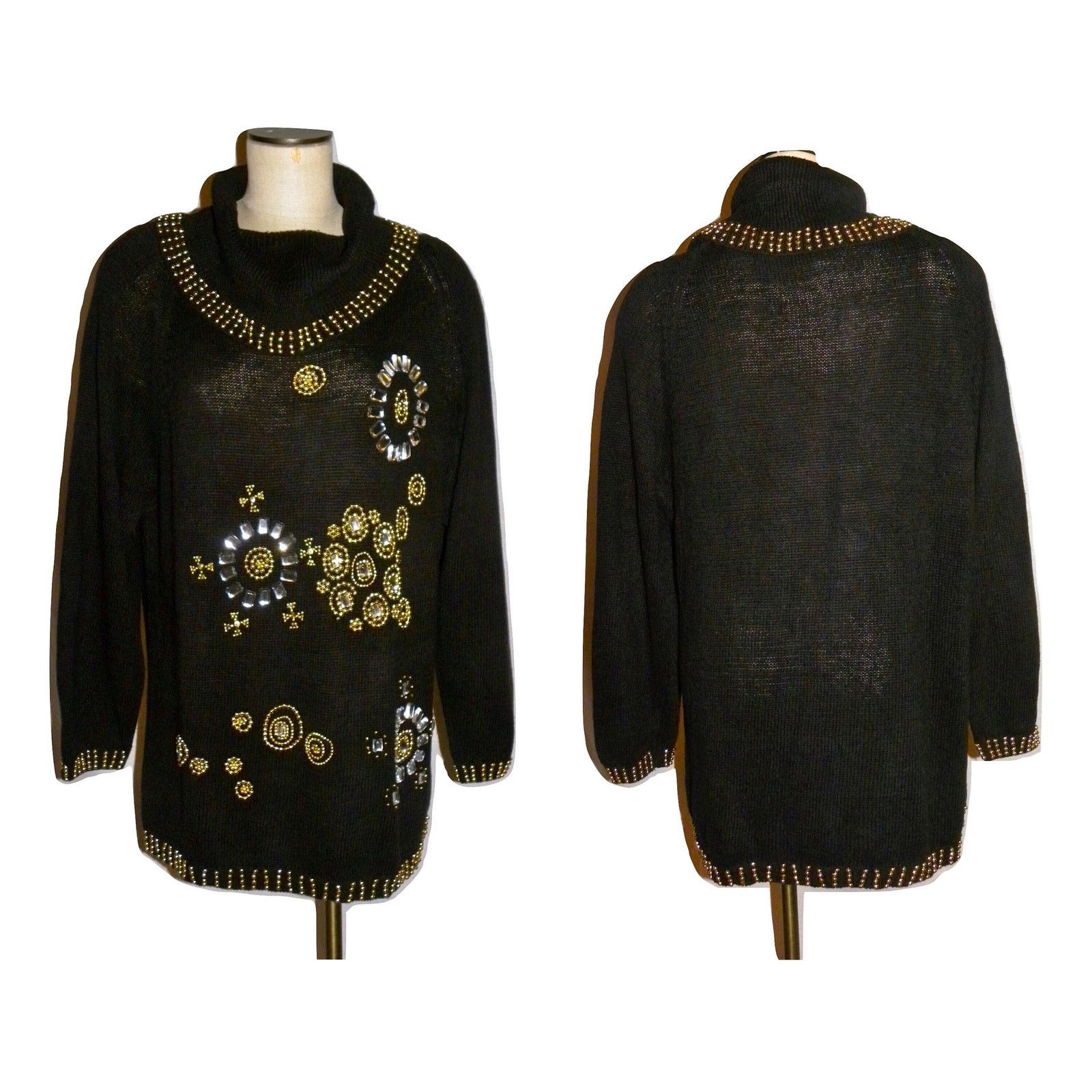 Vintage 90's Black Beaded Jeweled Cowl Neck Sweater Tunic Knit Dress Size M / US 6-8 / IT 42-44 - 1 Thumbnail