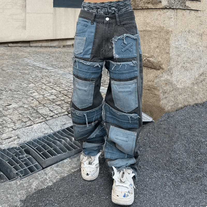 image of Faded Y2K Cyber Baggy Stacked Jeans in Blue On Black, Men's (Size 33)