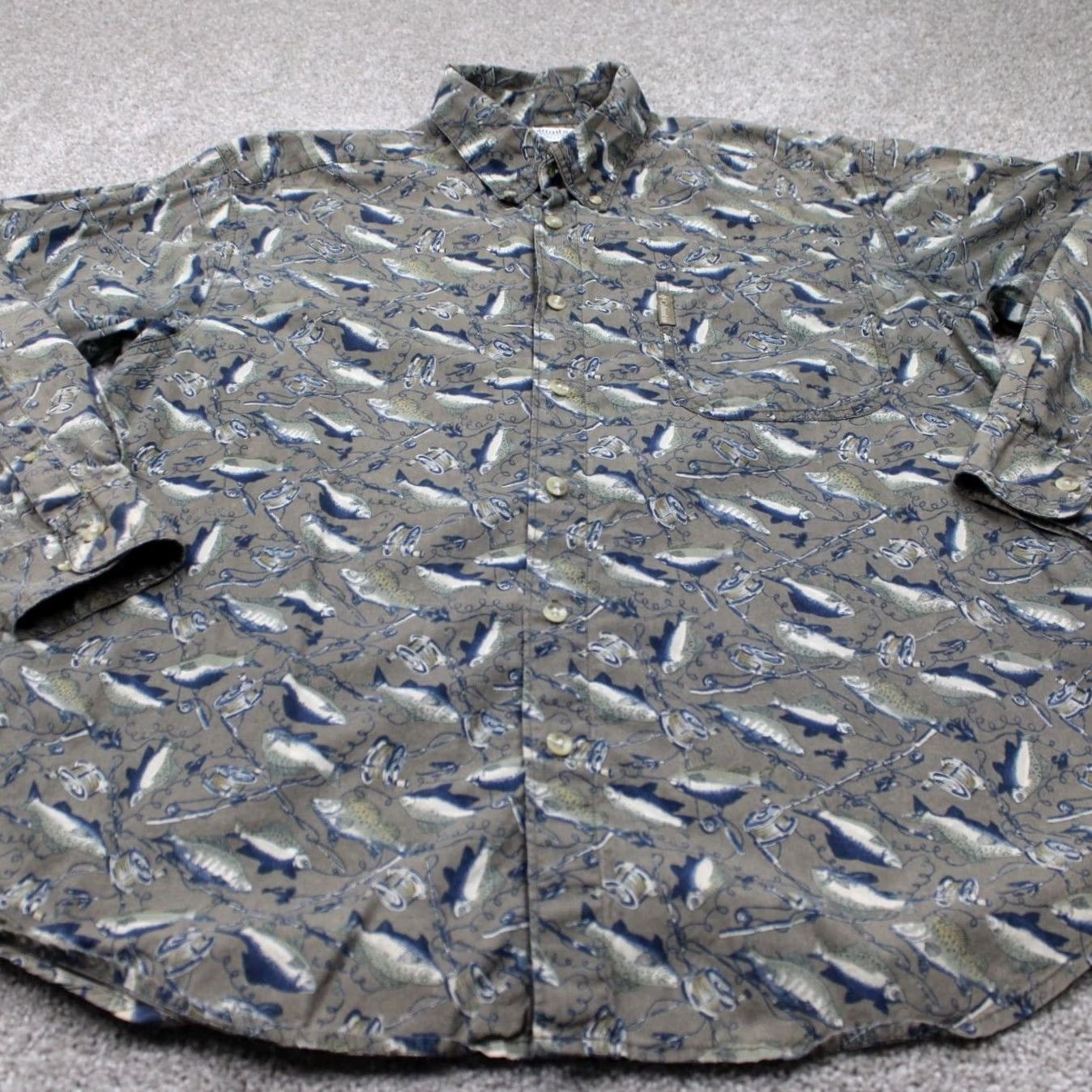 Vintage Columbia Mens Medium Gray/Blue Fish All Over Print Cotton Long Sleeve Shirt Size US M / EU 48-50 / 2 - 3 Thumbnail