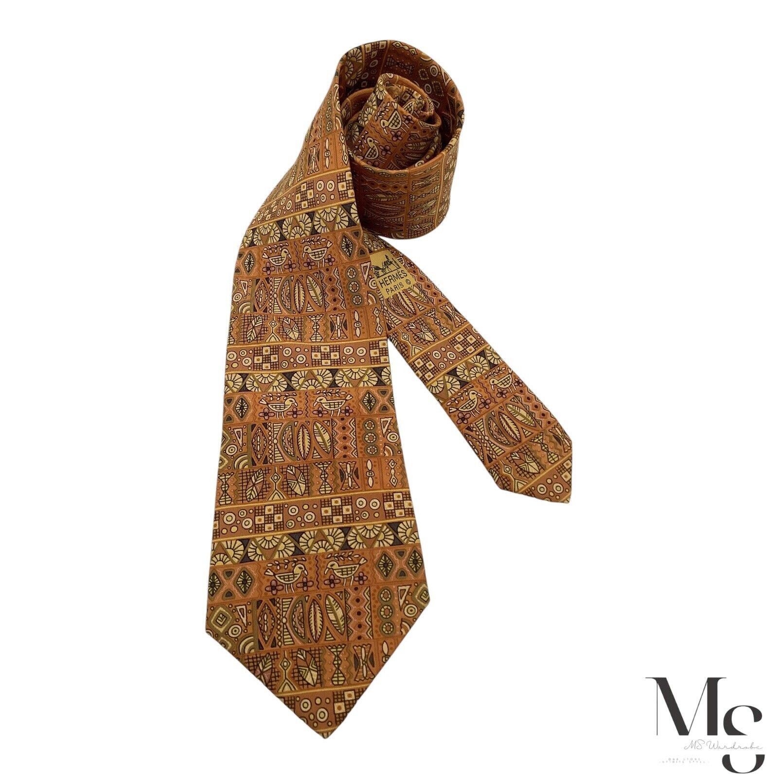 Hermes HERMES PARIS 7641 TA Orange Heiroglyphics Pattern Silk Tie F Size ONE SIZE - 1 Thumbnail