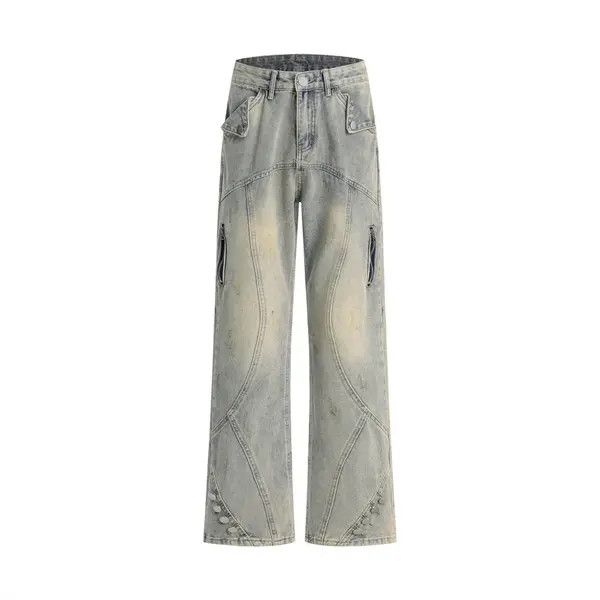 VIBE Men's punk split stitching distressed washed ripped jeans Size US 32 / EU 48 - 1 Thumbnail