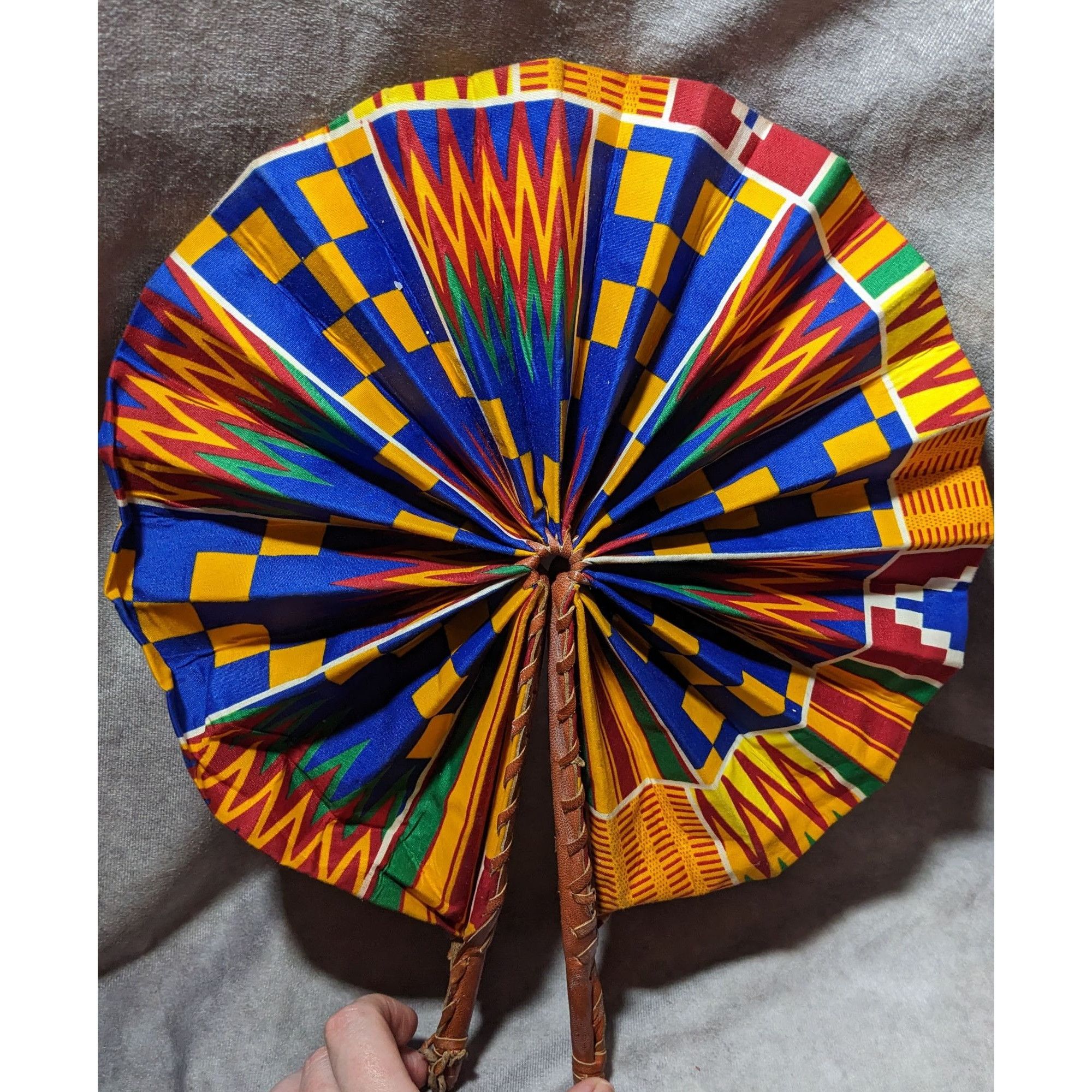 Other Handmade African Fabric Fan Double Sided Leather Handle Size ONE SIZE - 7 Thumbnail
