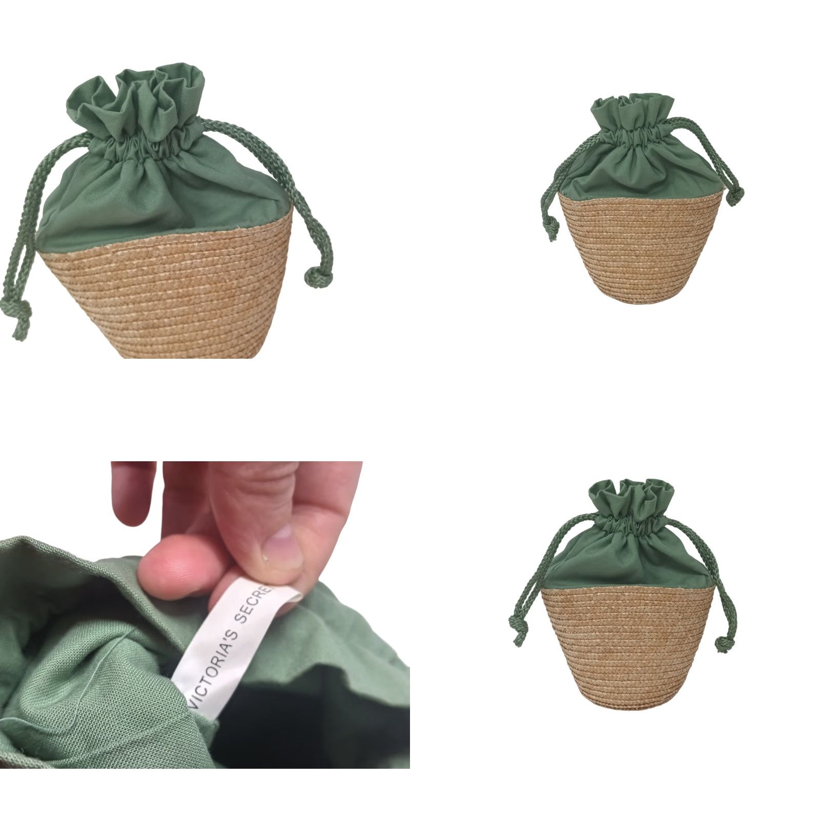 Vintage Victoria Secret Straw Purse Drawstring Handles Small Green Natural Straw Bag Bucket & Drawstring Bag Womens Small Green Cotton Straw Size ONE SIZE - 7 Thumbnail