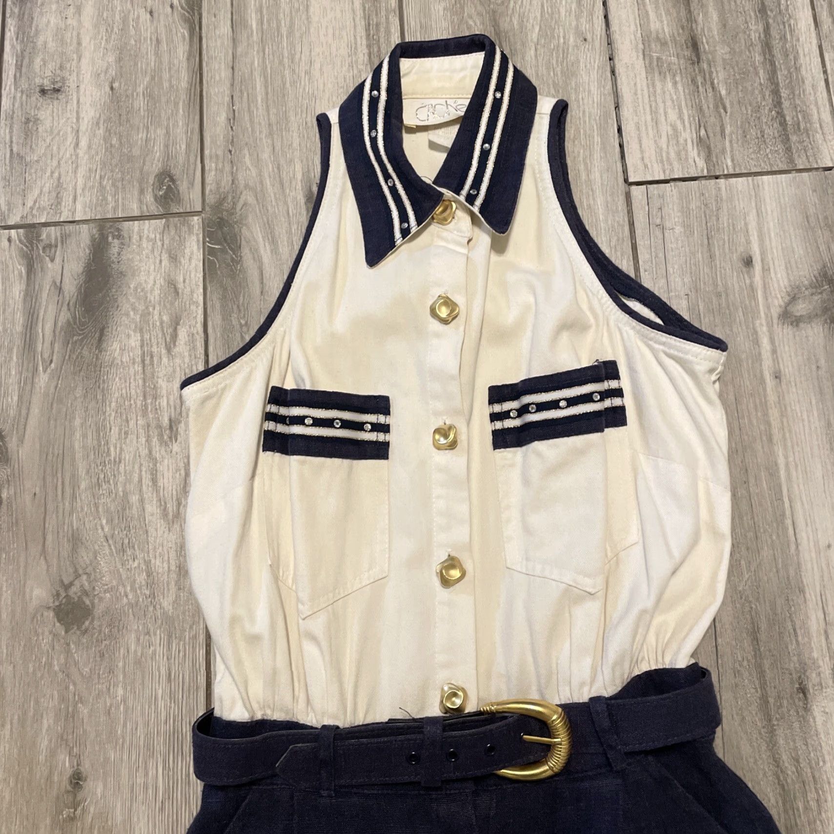 Vintage VINTAGE Cache Collared Sailor Dress White Belted Gold Button Detail Knee Length Women's Dress S White Navy Belted 4 Cache Cache Mens? Size S / US 4 / IT 40 - 2 Thumbnail