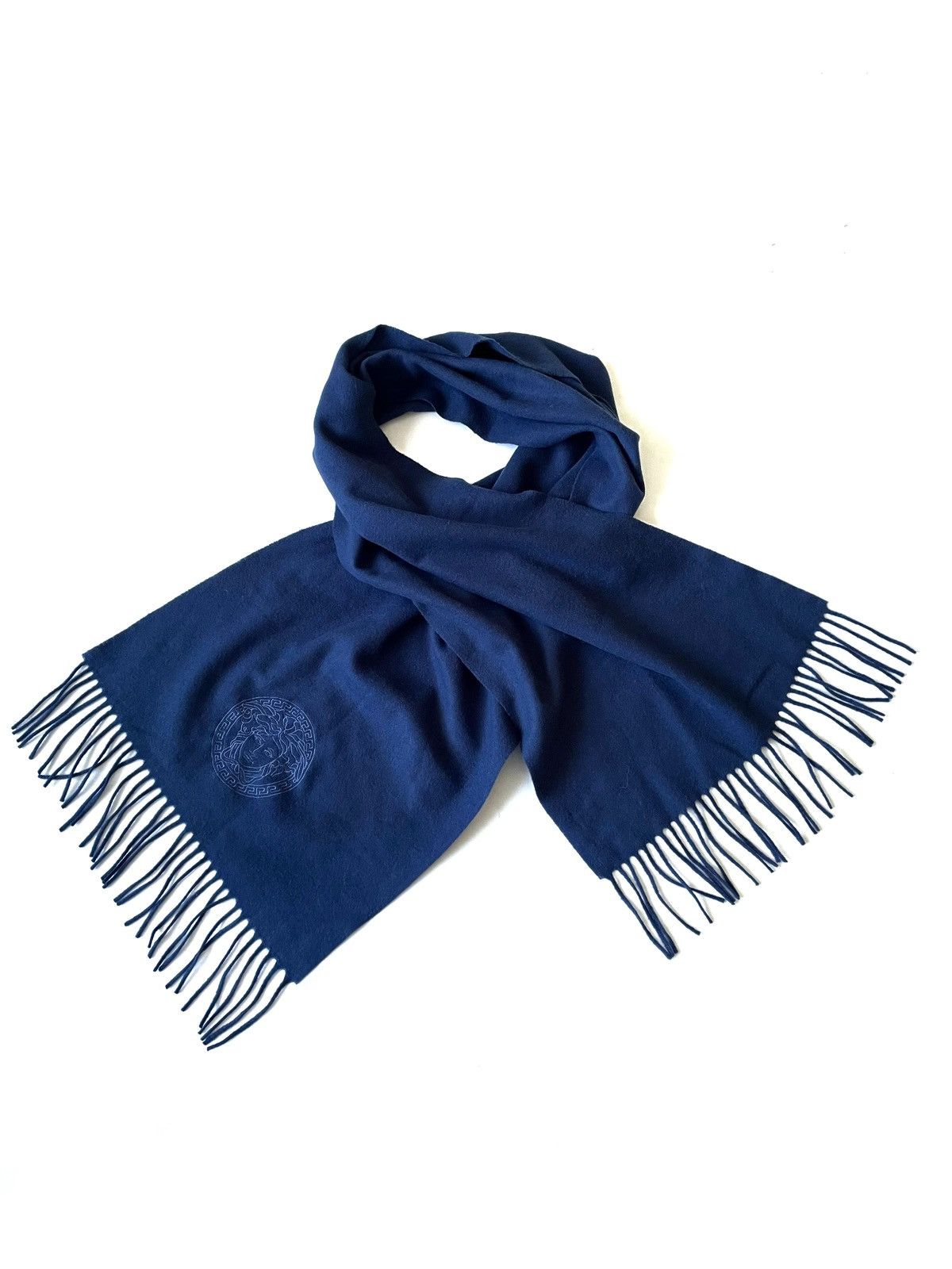 Versace Versace Blue Wool Scarf Embroidered Medusa Logo Italy 155cm Size ONE SIZE - 1 Thumbnail