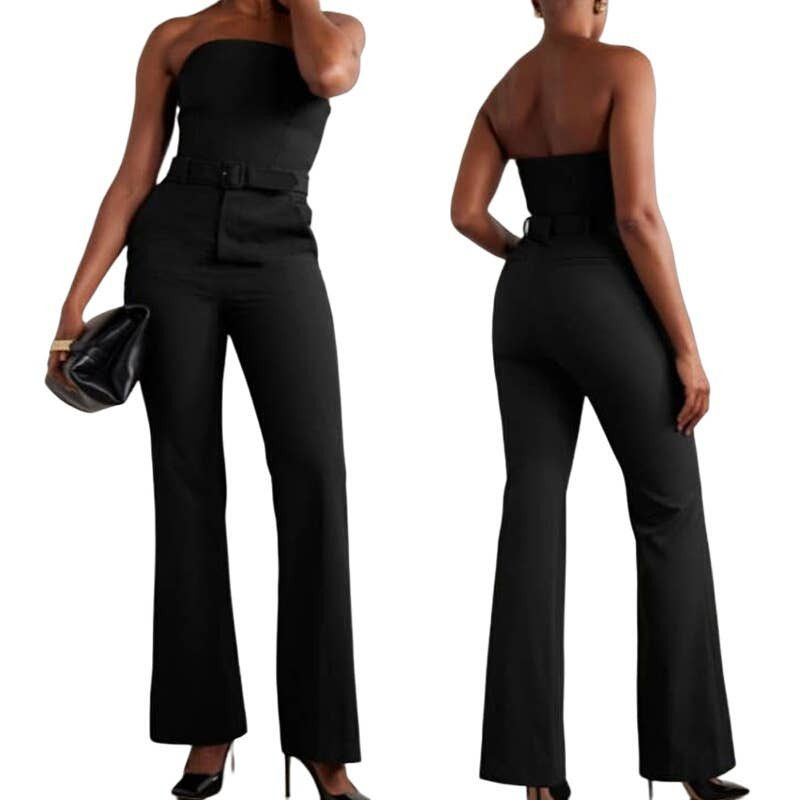 image of A L C NWT A.l.c Kate Strapless Twill Flare Leg Belted Jumpsuit in Black, Women's (Size 25)