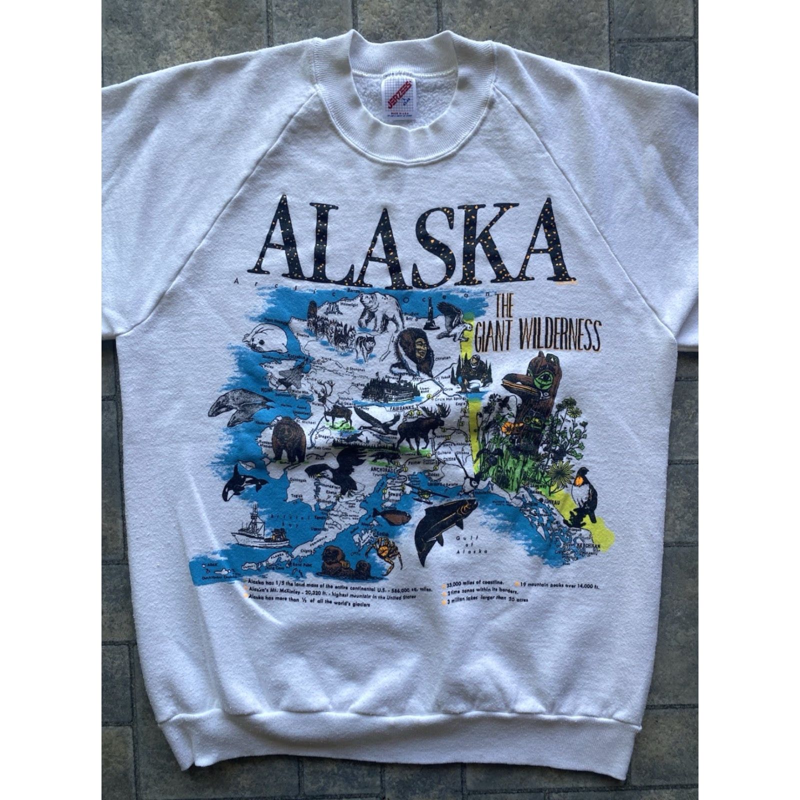 Jerzees VINTAGE Jerzees Sweatshirt Men L White Alaska Map The Great Wilderness Made in USA Pullover | Mens Size US L / EU 52-54 / 3 - 4 Thumbnail