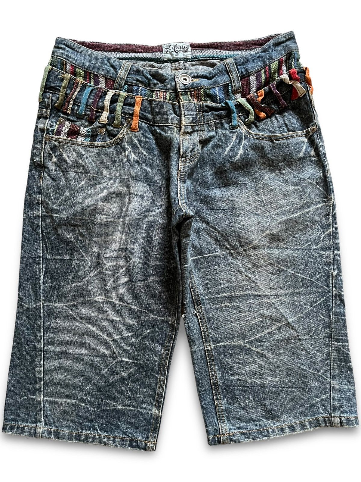 image of Distressed Denim x Hype Vintage Nylaus Double Waist Acid Wash Baggy Jean Shorts in Blue (Size 32)