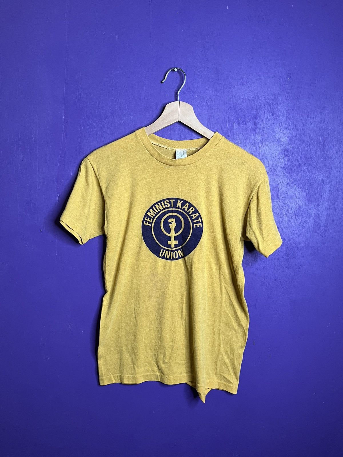 image of Made In USA Vintage 70's Karate Feminist Union Ted Bundy T-Shirt in Yellow, Men's (Size Medium)