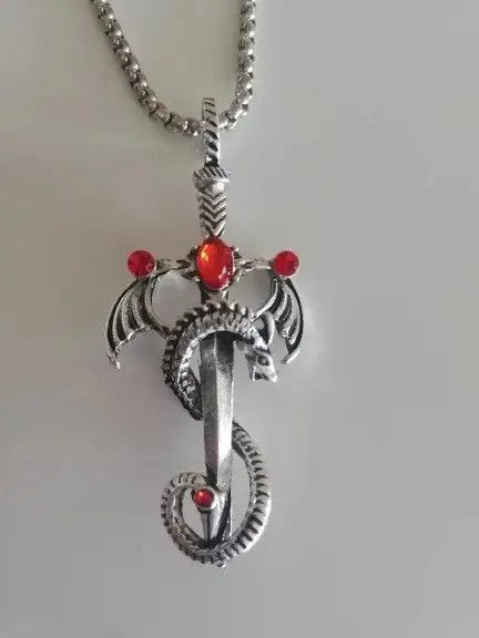 Homemade × Jewelry Demon Dragon Necklace Sword Dagger Red Stone Chain Anime Art Size ONE SIZE - 2 Thumbnail