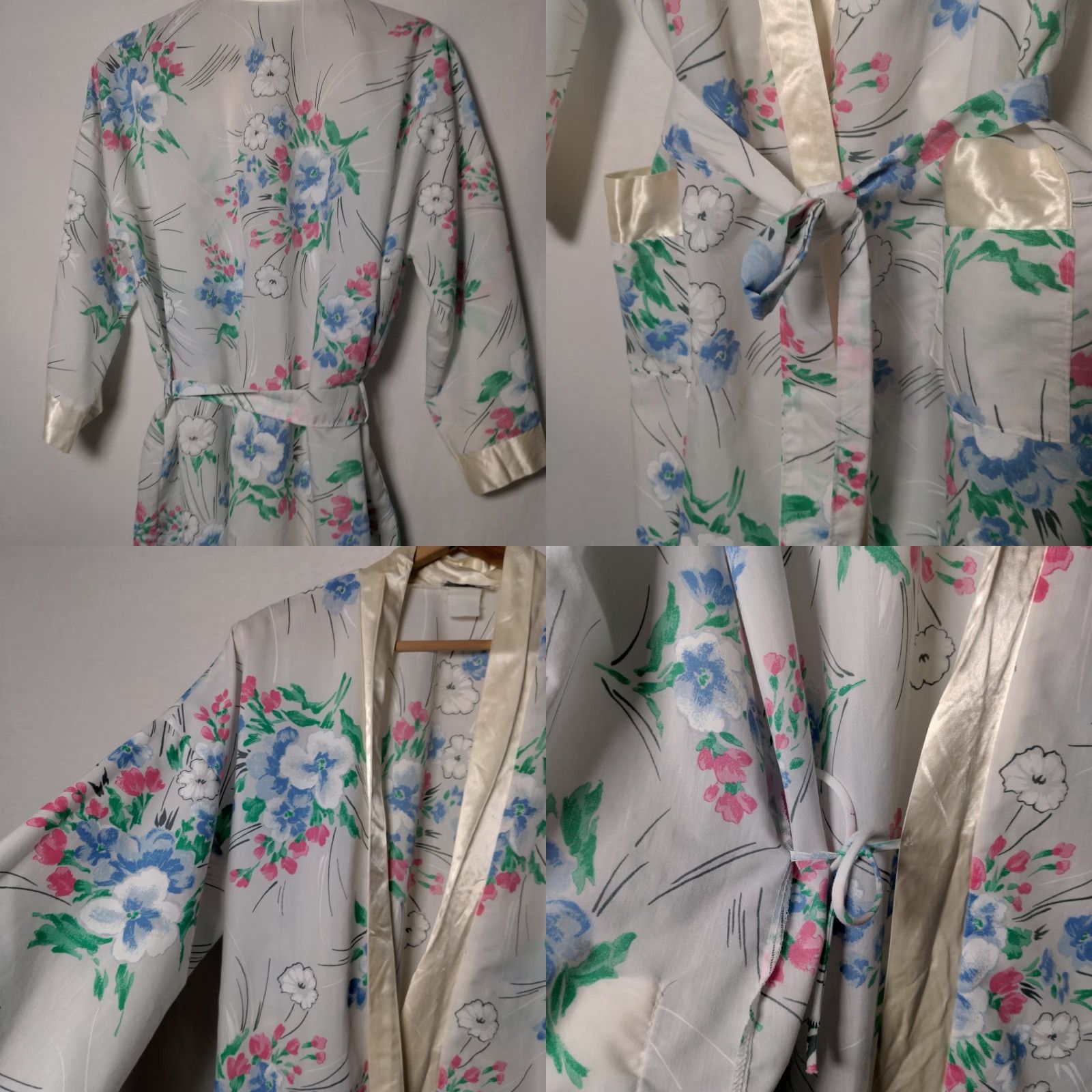 Vintage VINTAGE Appel Robe White Pastel Floral Satin Trim Belted Grannycore Cottage Open Neck Long Sleeve Cotton Blend Retro Size ONE SIZE - 8 Thumbnail