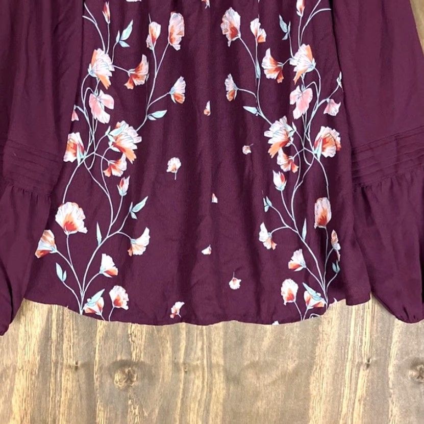 Lauren Conrad LC Lauren Conrad Blouse Womens Burgundy Petite Floral Square Neck Long Sleeve PS Size S / US 4 / IT 40 - 3 Thumbnail