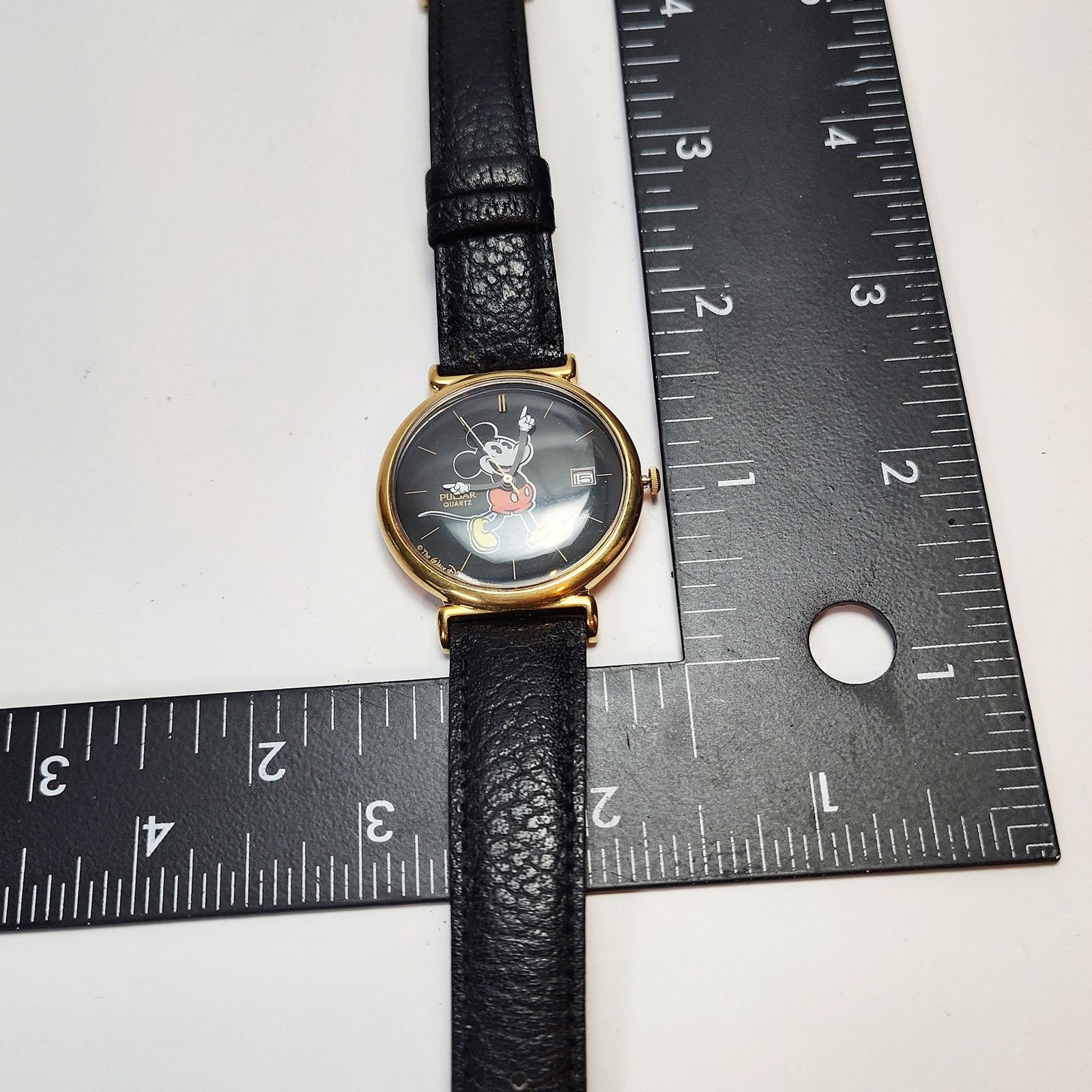 Disney Vintage Mickey Mouse Pulsar Watch Gold Tone Black Dial Date Size ONE SIZE - 6 Thumbnail