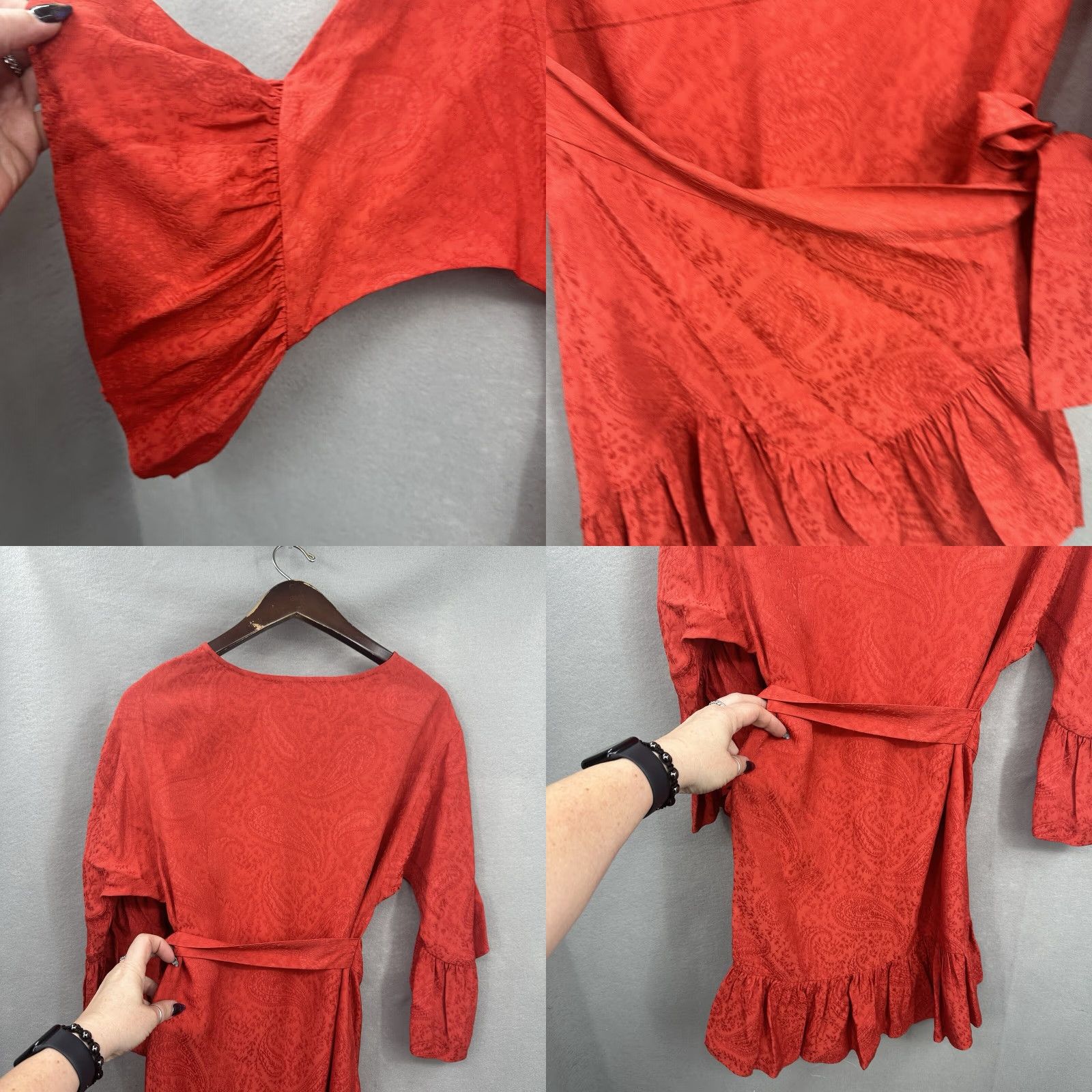 Maje Maje Ruffled Mini Dress Small Red Long Sleeve Round Neck Satin Casual Party Womens Size S / US 4 / IT 40 - 8 Thumbnail
