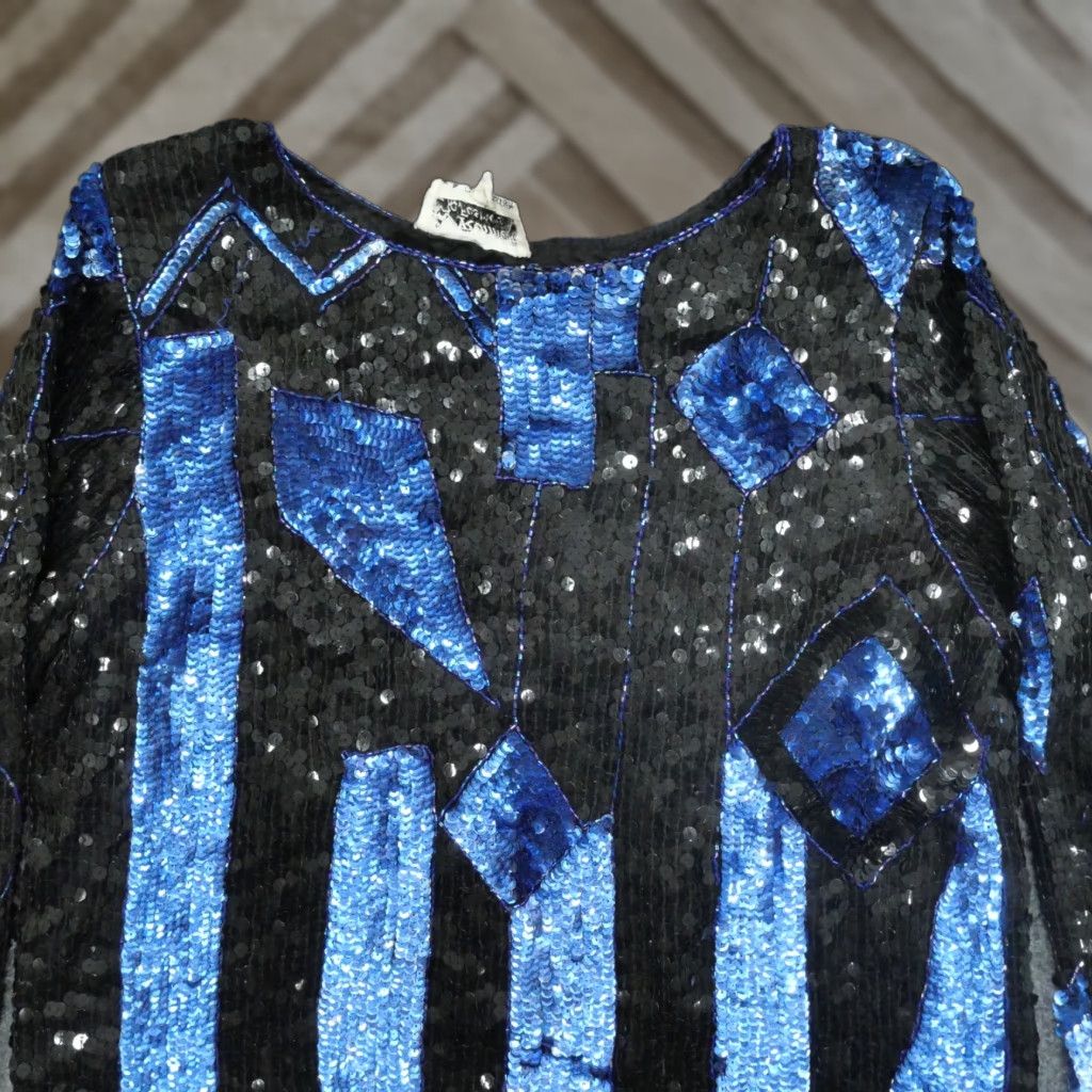 Vintage VINTAGE Raiment Fashions Sequin Set Shirt Top Skirt Women Medium Black Blue Silk Size M / US 6-8 / IT 42-44 - 1 Thumbnail