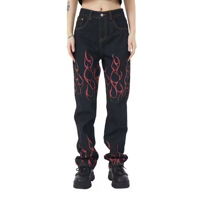 image of Black Fire Flame Graphic Denim Jeans, Men's (Size 32)