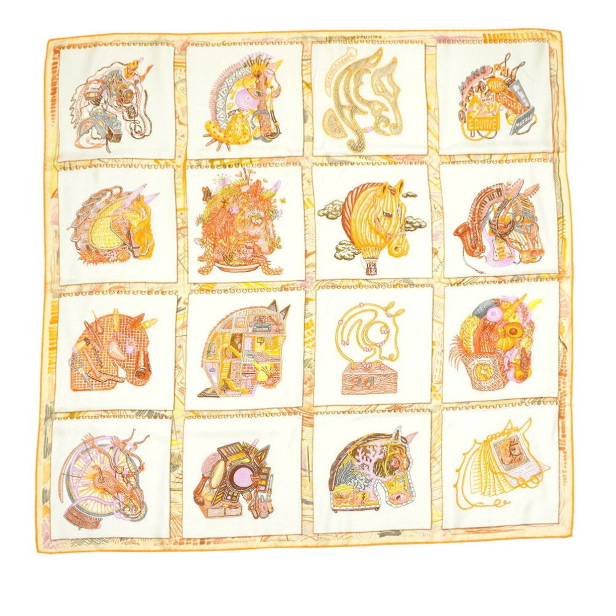image of Hermes Carre 90 Chevaloscope Scarf Muffler Silk Orange in Black, Women's