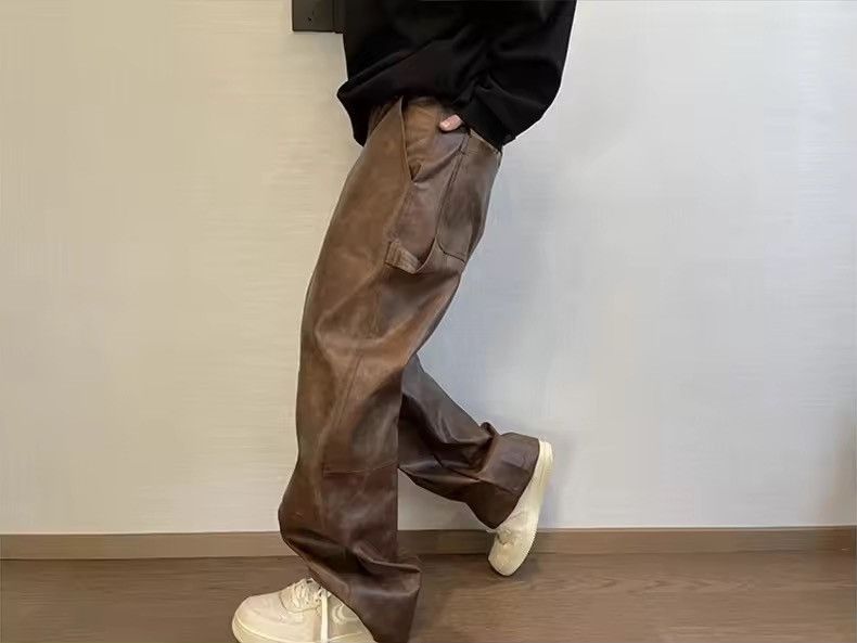 Leather Washed Brown Soft Pu Leather Pant Size US 35 - 5 Thumbnail