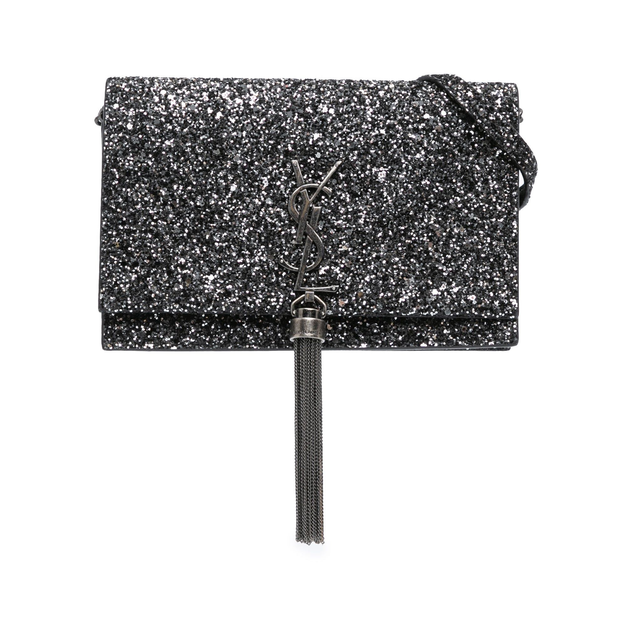 Saint Laurent Paris Black Saint Laurent Metallic Glitter Monogram Kate Tassel Chain Wallet Crossbody Bag, Women's