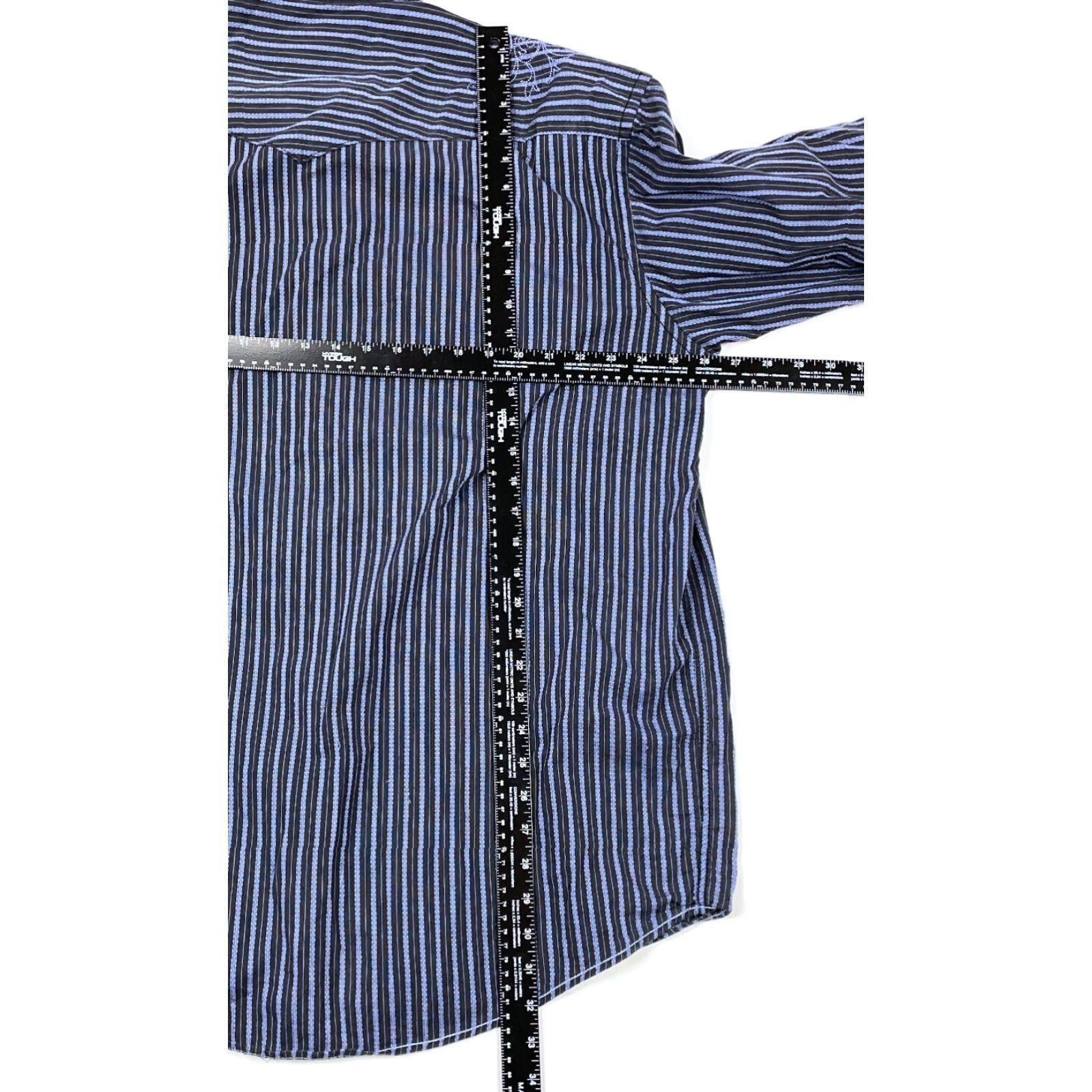 Vintage Rough Stock Western Shirt Adult 2XL Blue Striped Geometric Cotton Embroidered Snap Button Pockets 90s Cowboy Grunge Rockabilly Mens Size US XXL / EU 58 / 5 - 7 Thumbnail