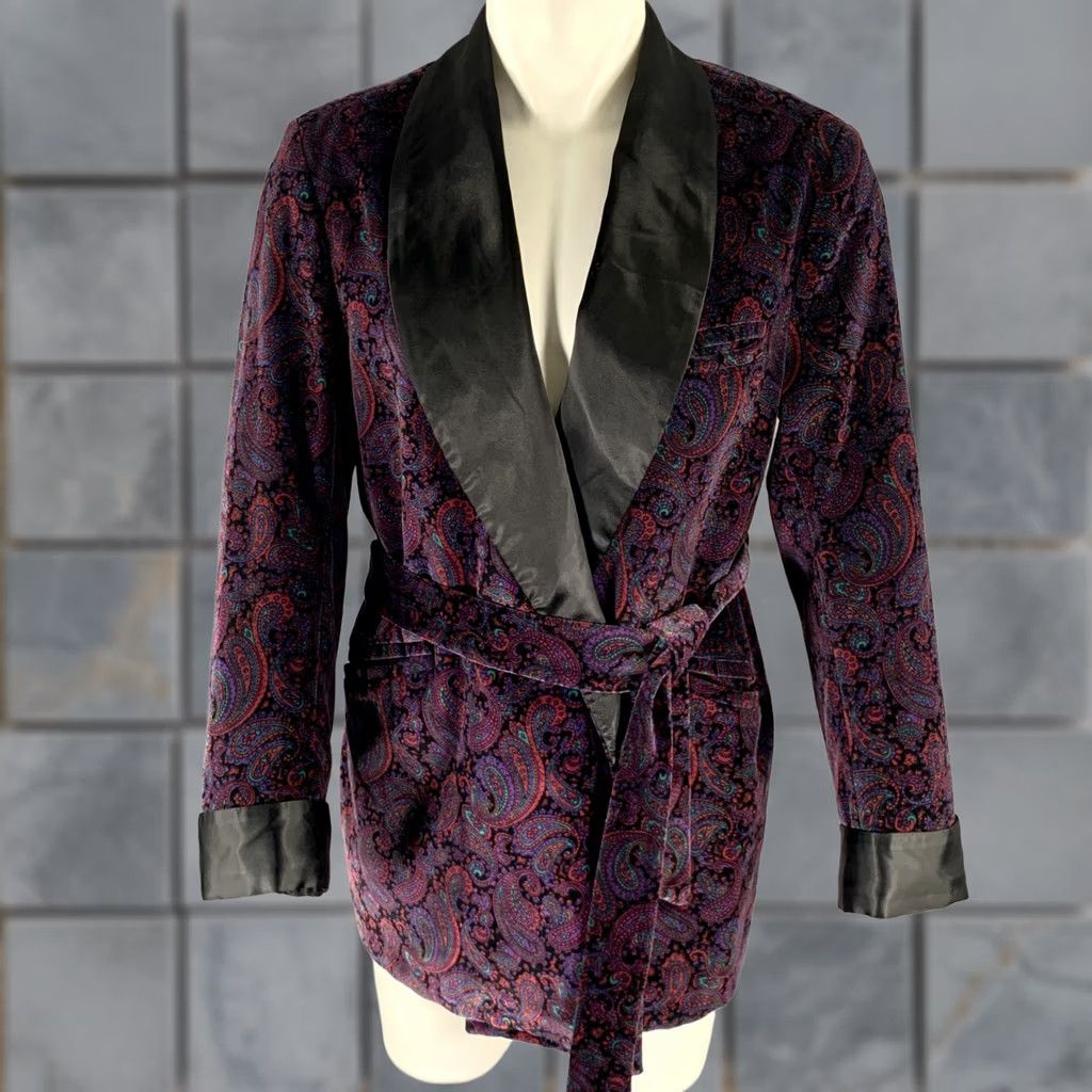 Velvet BULLOCK&JONES Shawl Collar Jacket M Black Purple Paisley Cotton Velvet Mens Size US M / EU 48-50 / 2 - 1 Thumbnail