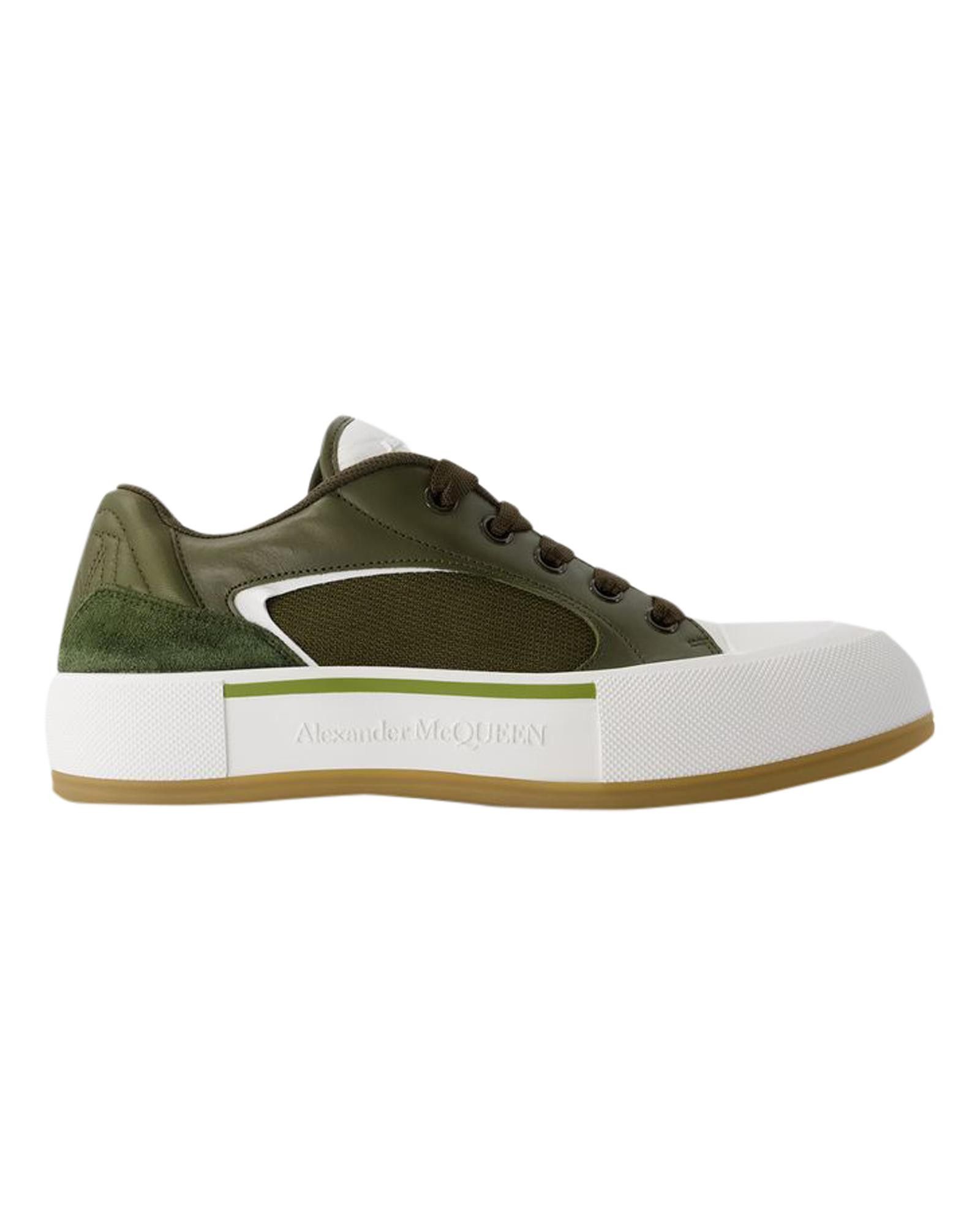 image of Alexander Mcqueen Khaki Calfskin Deck Sneakers in Green/Khaki, Men's (Size 11)
