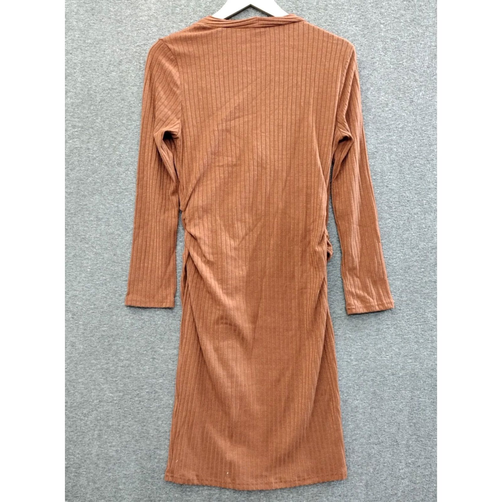 Vintage Prettywear Women's Ribbed Long Sleeve Mini Dress Light Brown Dress, V-Neck, Tie, Short, Blended Fabric, Casual, Party, M, Brown, Womens Size M / US 6-8 / IT 42-44 - 2 Thumbnail
