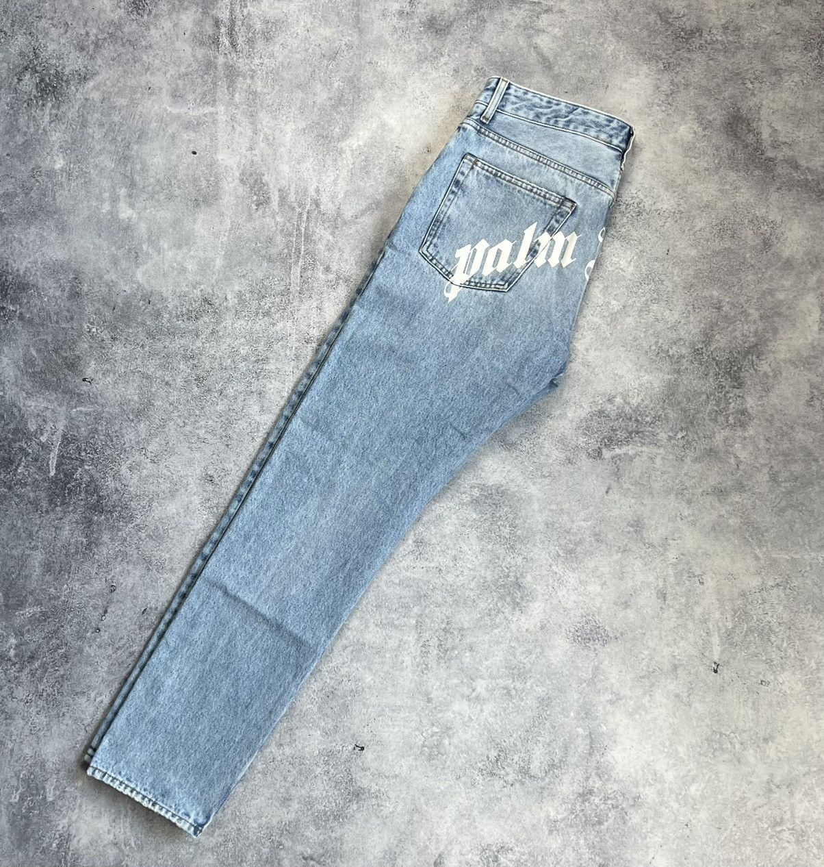 image of Palm Angels Light Blue Spellout Jeans, Men's (Size 34)