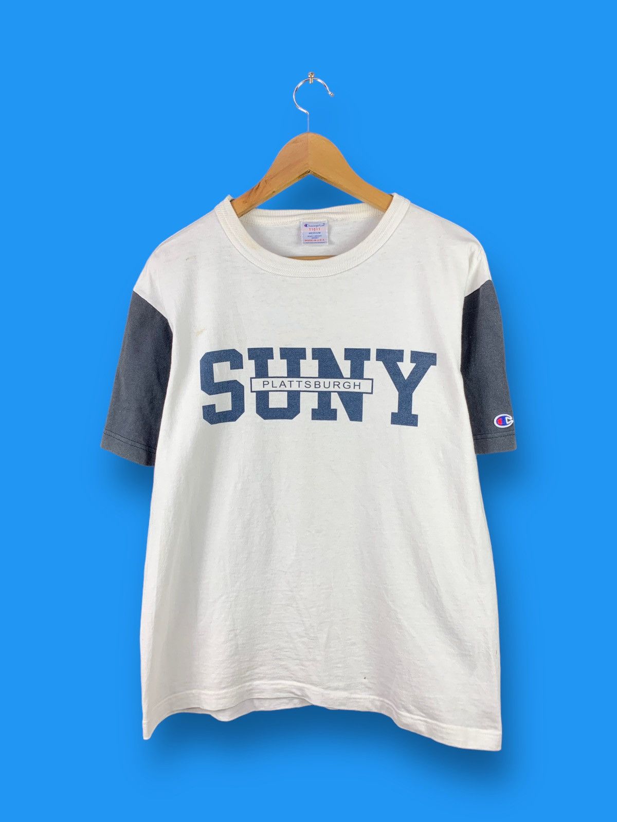 image of Steals! Champion Suny Plattsburgh Vintage Style Tee in White, Men's (Size Medium)