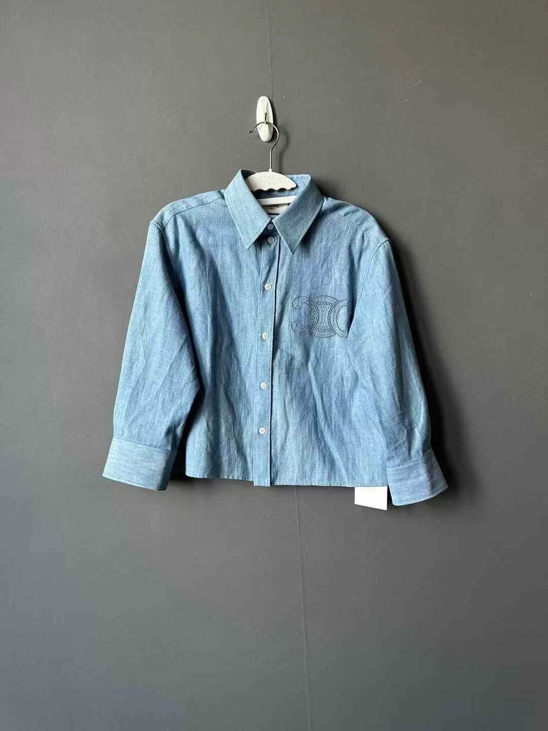 Celine Celine New Triomphe Embroidery Short Denim Shirt Size XXS / US 00 / IT 34 - 1 Thumbnail