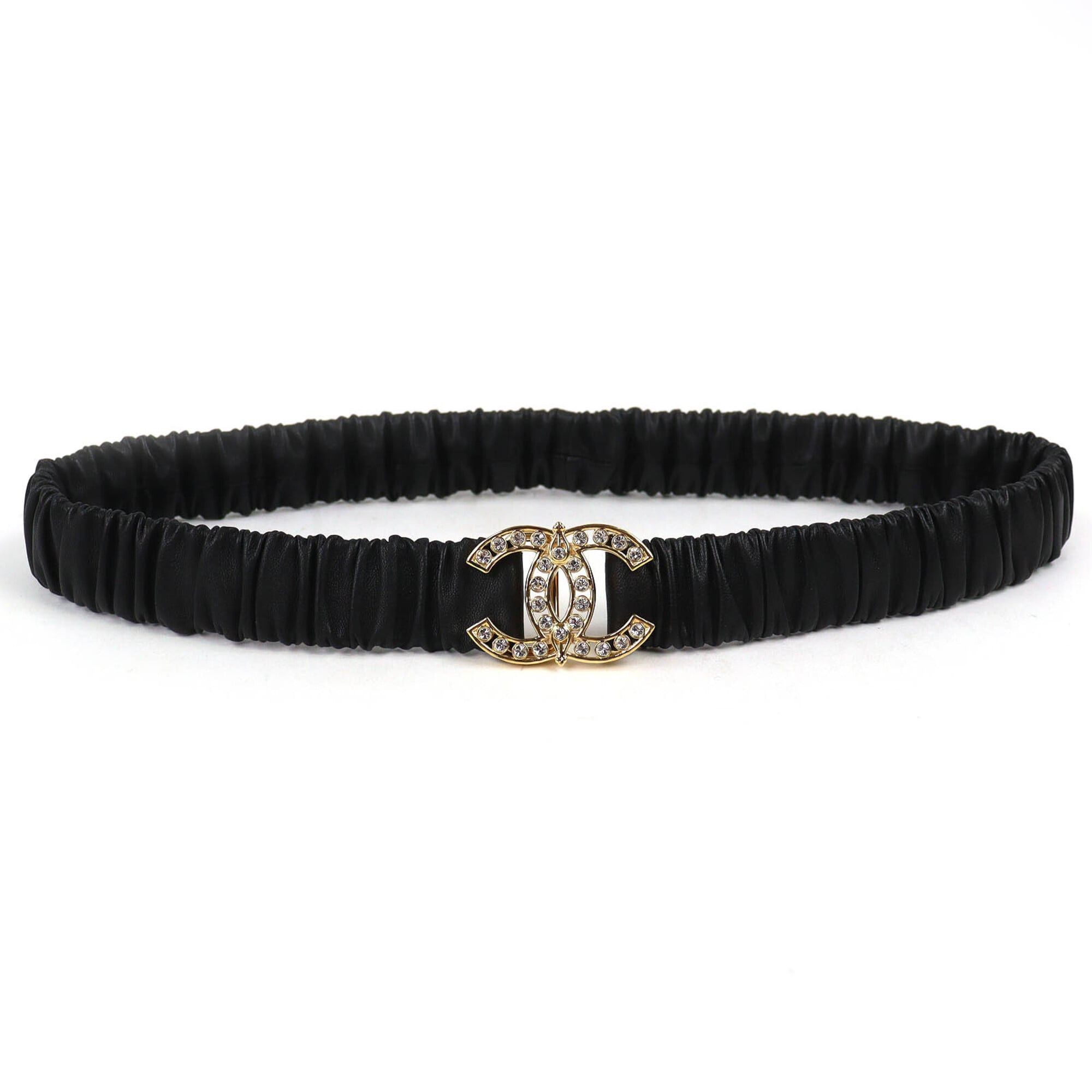 Chanel CHANEL L23A Coco Mark Rhinestone Buckle Leather Elastic Belt Black Gold Hardware 75 30 Women's Size ONE SIZE - 1 Thumbnail