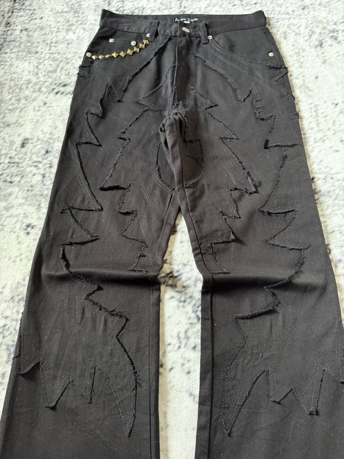 Japanese Brand Amore Pure Jagged Fractured Lightning Studded Flared Jeans Size US 27 - 3 Thumbnail