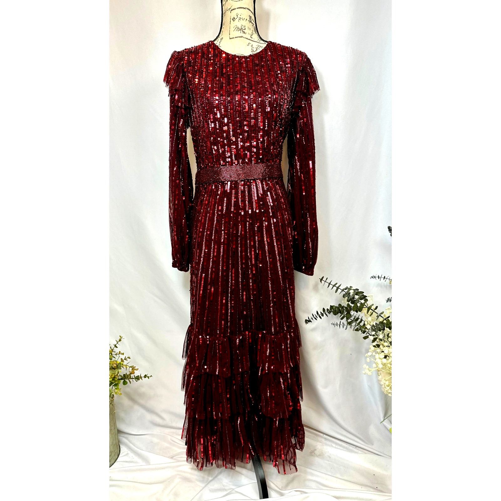 Other Mac Duggal Long Sleeve Ruffle Detail Sequin Dress Red 12 Size XL / US 12-14 / IT 48-50 - 8 Thumbnail